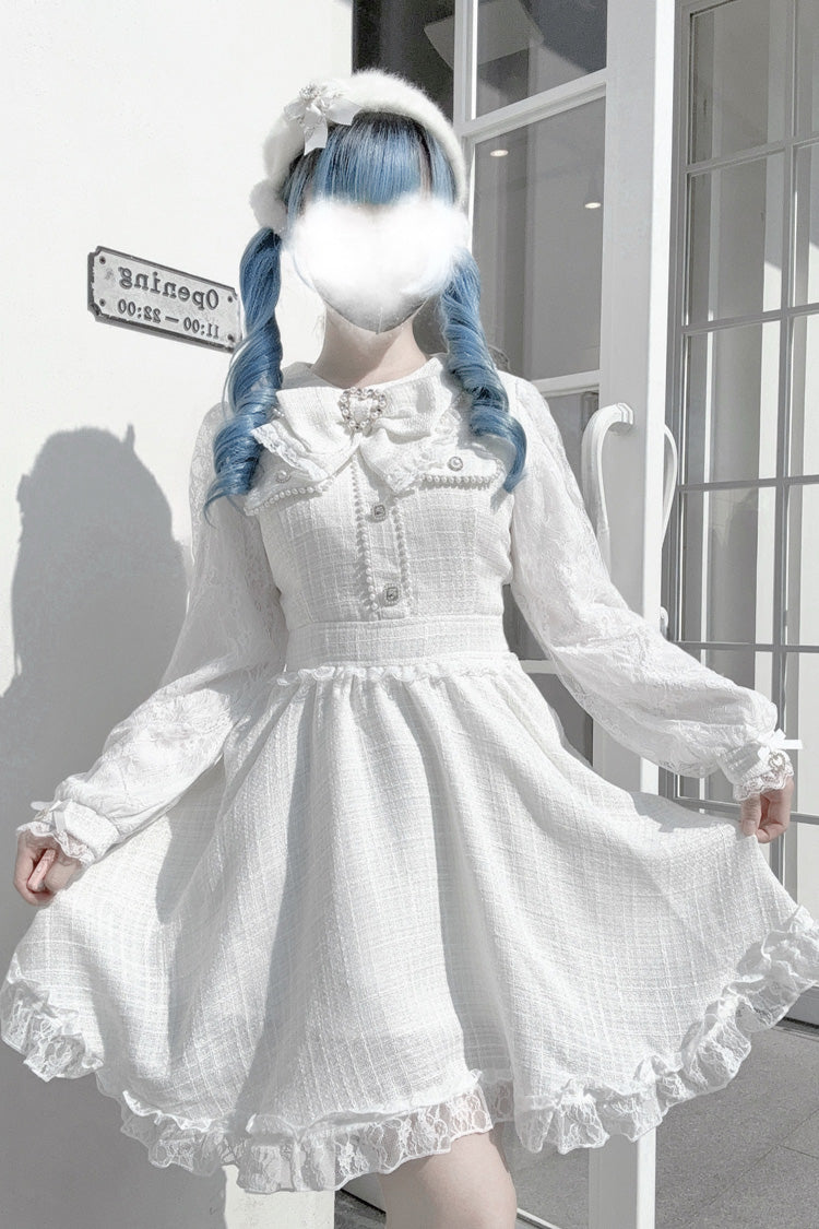 Ivory Bow Lace Pearl Sweet Dark Jirai Kei Dress
