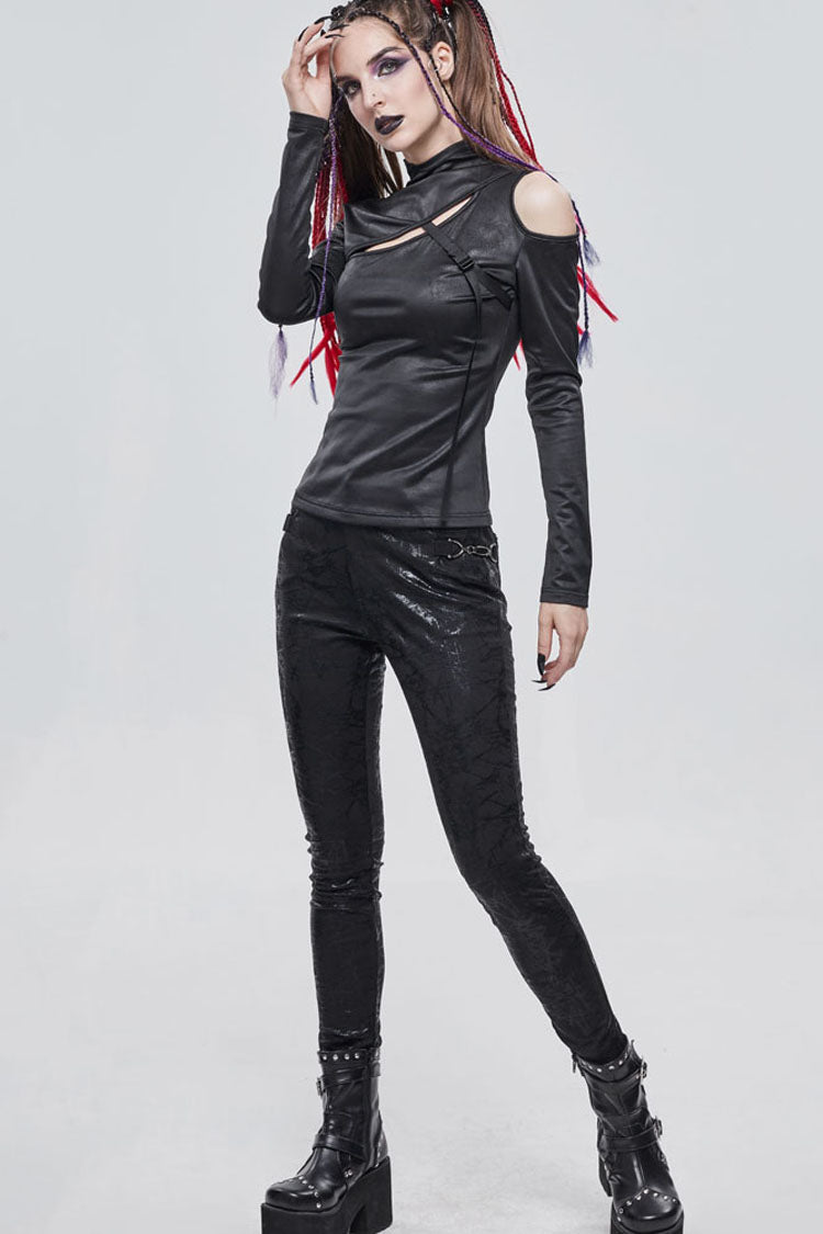 Knit Chest Cutout Buckle-Strap Long-Sleeve Punk Top