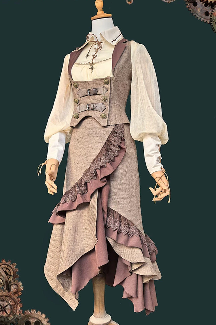 The Traveler Asymmetric Punk Lolita Skirt Set in Coffee Brown