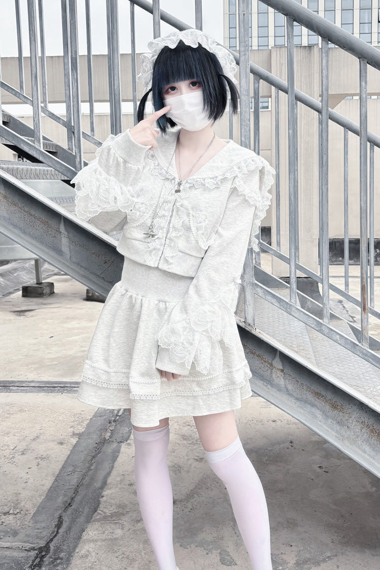 Ash Hooded Jirai Kei Set with Ruffled Lace Accents