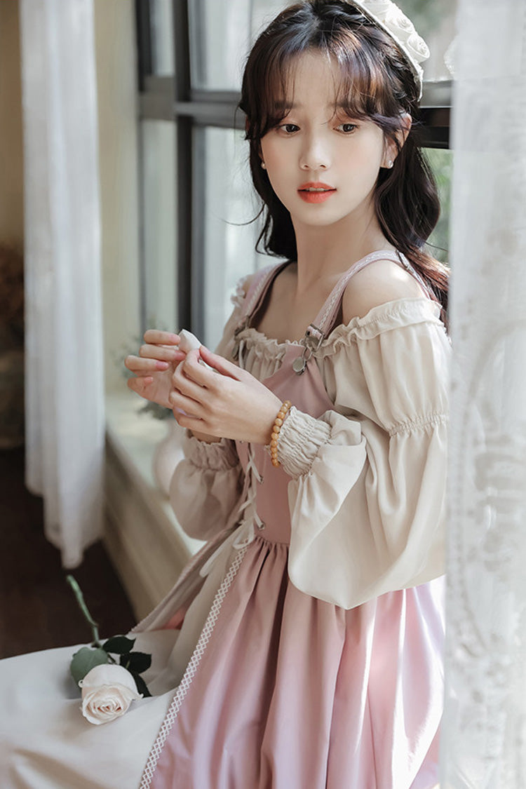 Square Collar Lolita Two-Piece with Lace-Up & Ruffled Details