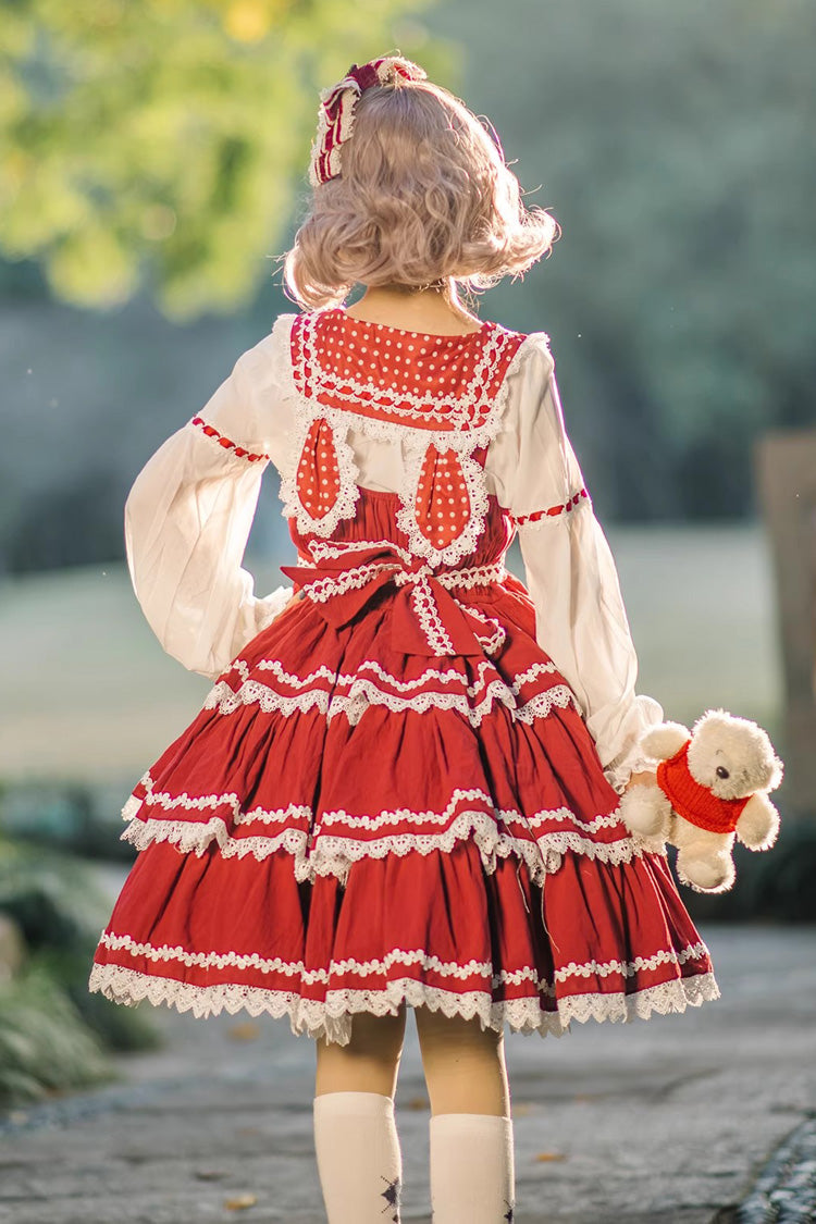 Red and White Three-Tiered Sweet Lolita Dress with Ribbon and Sleeveless