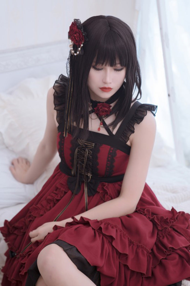 Crimson Seven Deadly Sins Wrath Double-Layer Ruffled Stitch Lace Gothic Lolita JSK