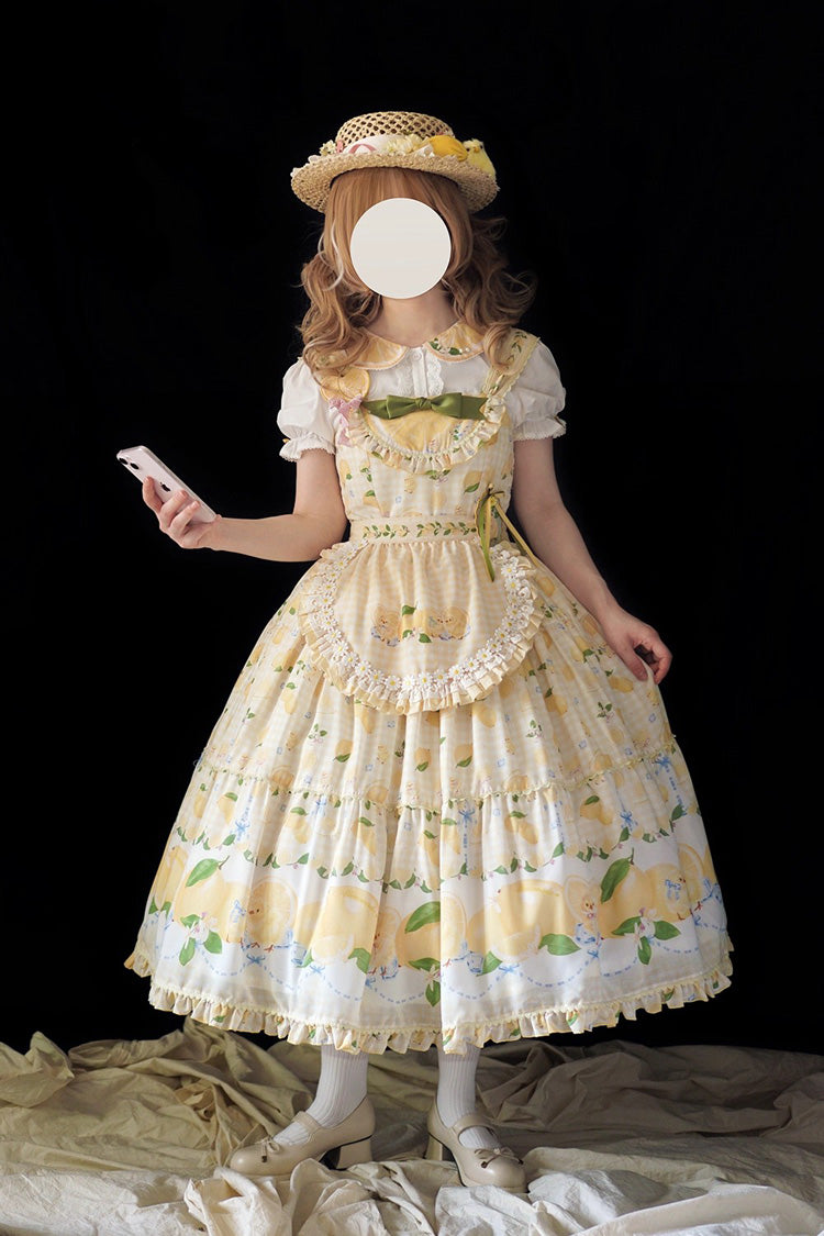 Sunshine Printed Ruffle Bow Lace Sweet Long Jumper - Lemon Chicken
