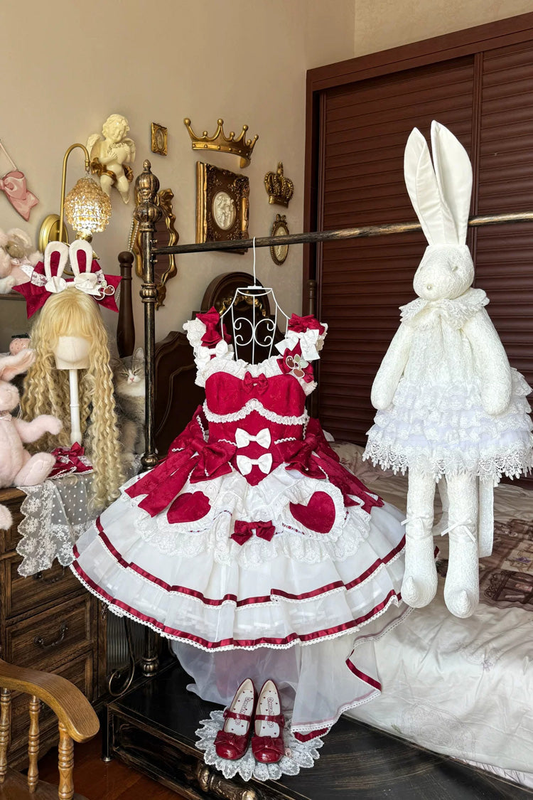 Scarlet Velvet Rabbit Sleeveless Multi-Layered Ruffled Bow Sweet Lolita Jumper Dress Set
