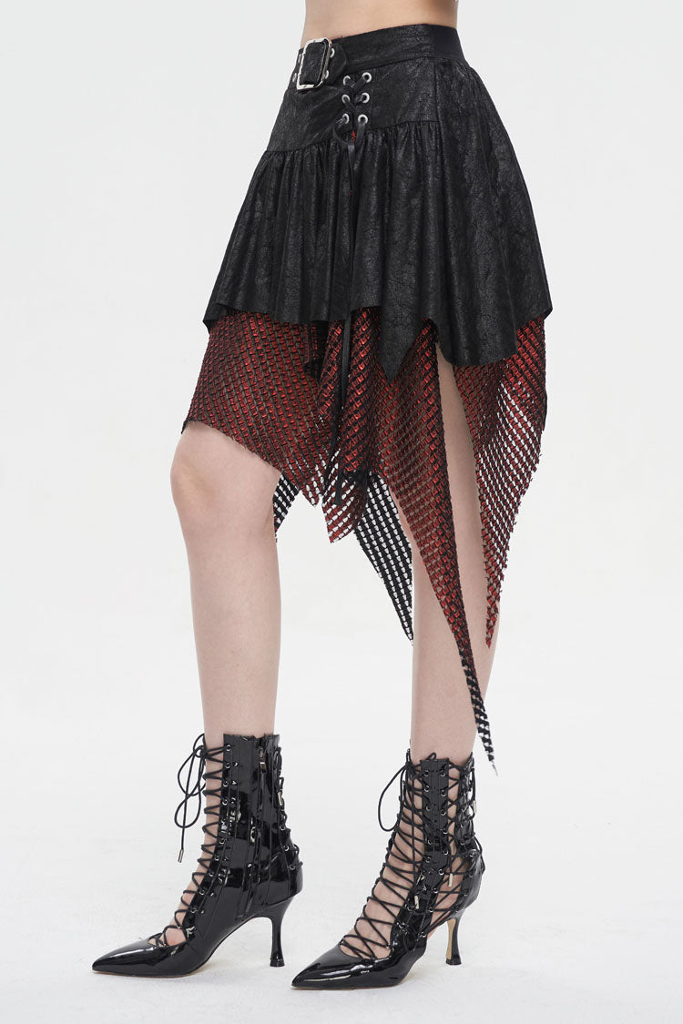 Crimson Noir Asymmetrical Mesh Patch Buckled Women's Gothic Skirt