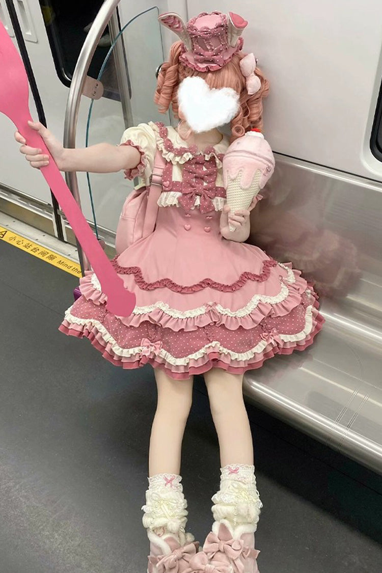 Bunny Parfait Short Sleeve Multi-Layered Ruffled Bow Sweet Lolita Dress - Pink