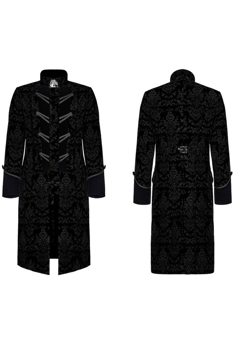 Velveteen Print Stand-Collar Lace-Trimmed Punk Long Coat