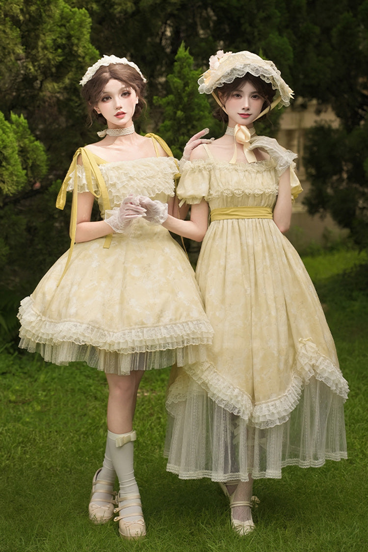 Golden Square Collar Short Sleeve Printed Ruffle Lace Sweet Elegant Long Gown - Falling Flowers as a Message