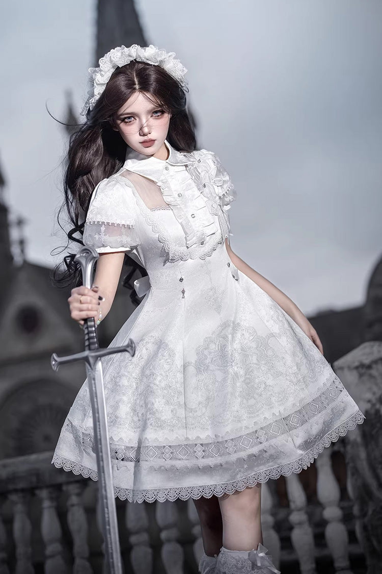 Ivory Classic Gothic Lolita Dress with Ruffled Lace and Short Sleeves