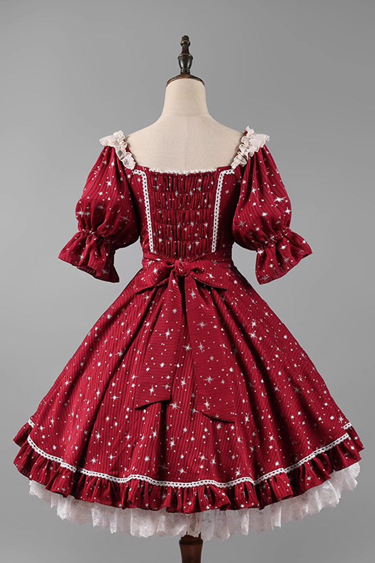 Star Print Short-Sleeved Ruffled Bowknot Sweet OP