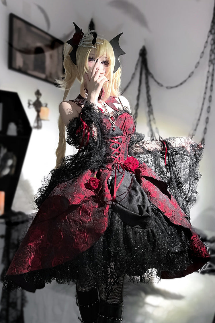 Crimson Rose Dish Ruffled Cardigan Bow Lace-Up Gothic Lolita Jumper Dress
