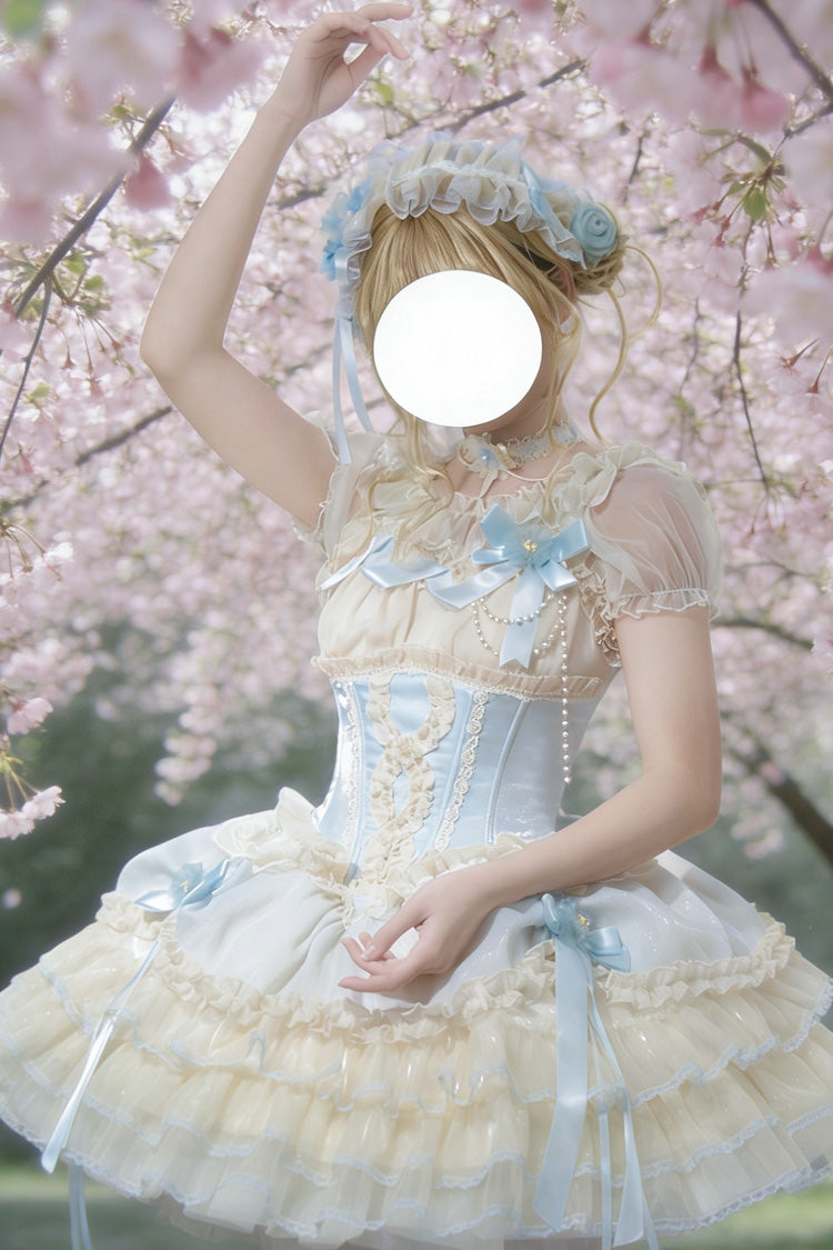 Flowing Light Gift Box Square Collar Sleeveless Layered Ruffle Bow Ballet Lolita JSK Dress