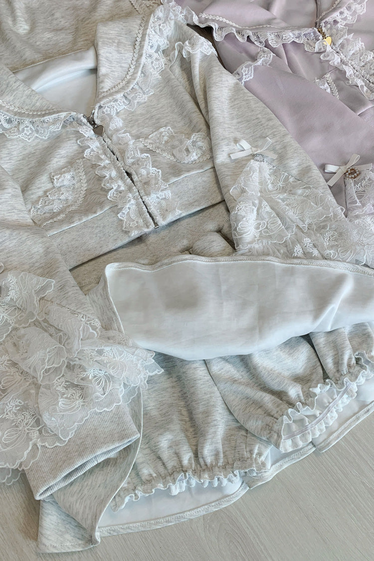 Ash Hooded Jirai Kei Set with Ruffled Lace Accents
