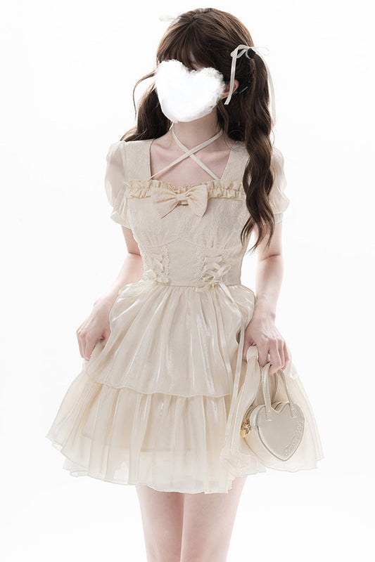 Apricot Prussian Legend Short Sleeves Multi-Layered Jacquard Ruffle Bow Sweet Dress