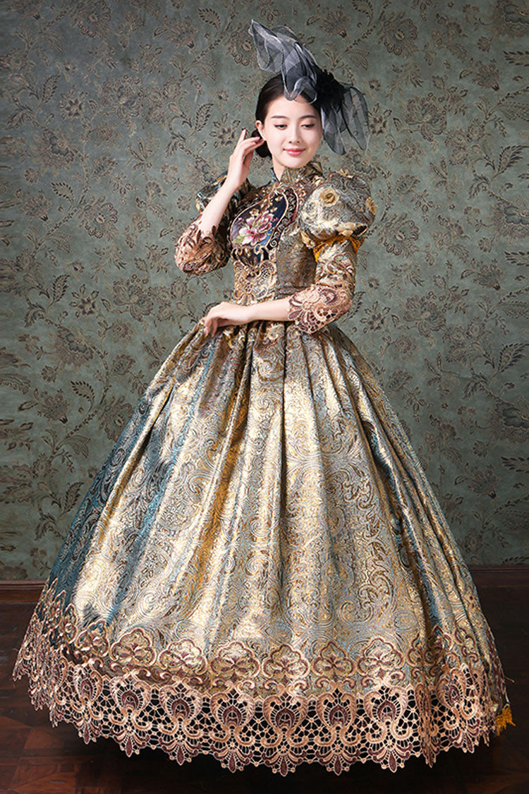 Champagne Hollow Floral Embroidery Victorian Gown - Half Sleeves