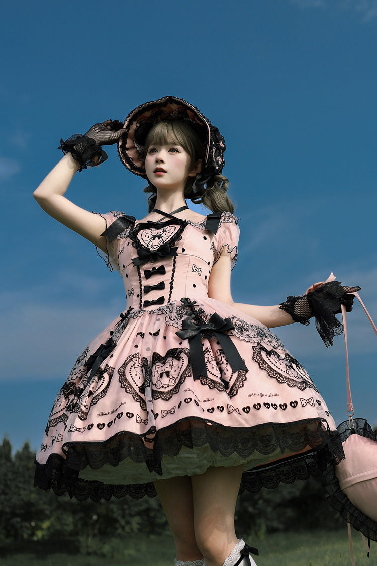 Blush Square Collar Embroidered Bow Lolita Dress with Train - Sugar Bear