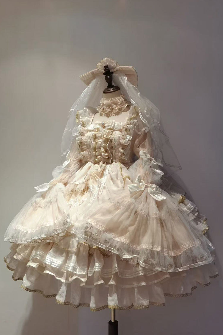 Apricot Coronation Long Trumpet Sleeve Layered Bow Lace Gorgeous Set