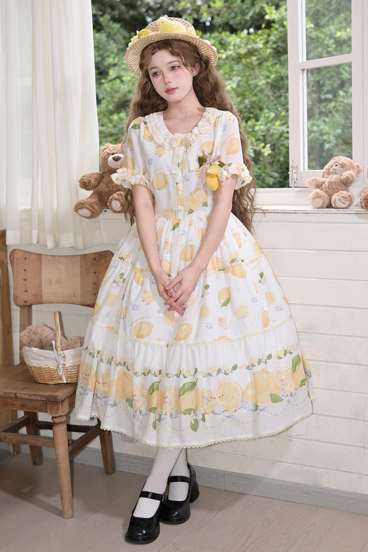 Print Ruffled Bow Lace Daily Sweet Lolita Dress - White Lemon Chicken