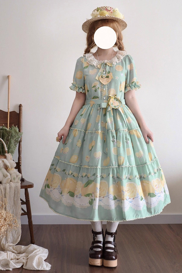 Verdant Short Sleeve Printed Ruffle Bow Lace Daily Sweet Dress - Lemon Chicken