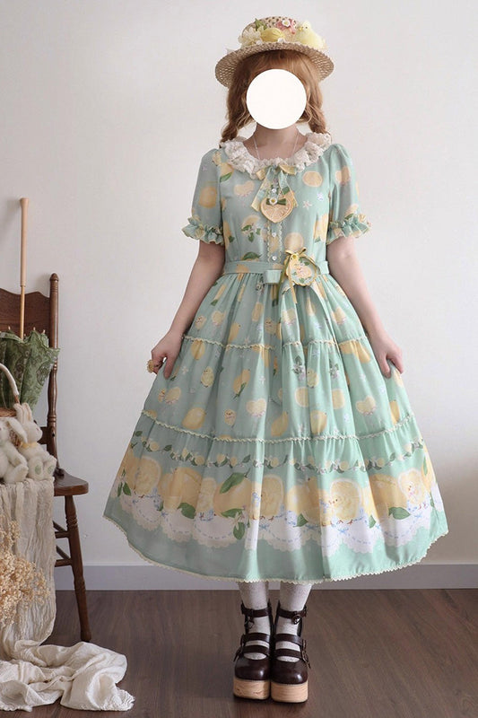 Verdant Short Sleeve Printed Ruffle Bow Lace Daily Sweet Dress - Lemon Chicken