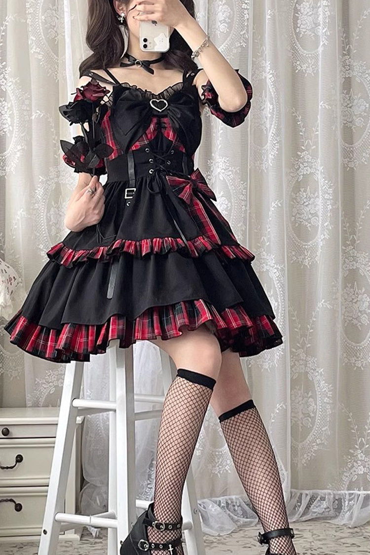Black Red Plaid Print Color Contrast Leather Buckle Bowknot Ruffle JSK