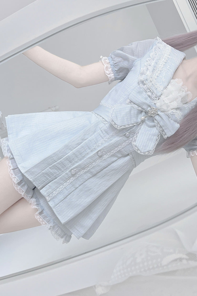 Aqua Short Sleeve Ruffled Bow Lace Sweet Jirai Kei Dress Set