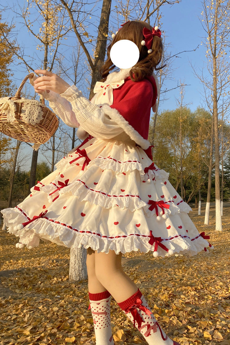 Crimson Apricot Triple-Layered Printed Ruffled Bow Lace Sweet Princess Lolita Dress with Cape