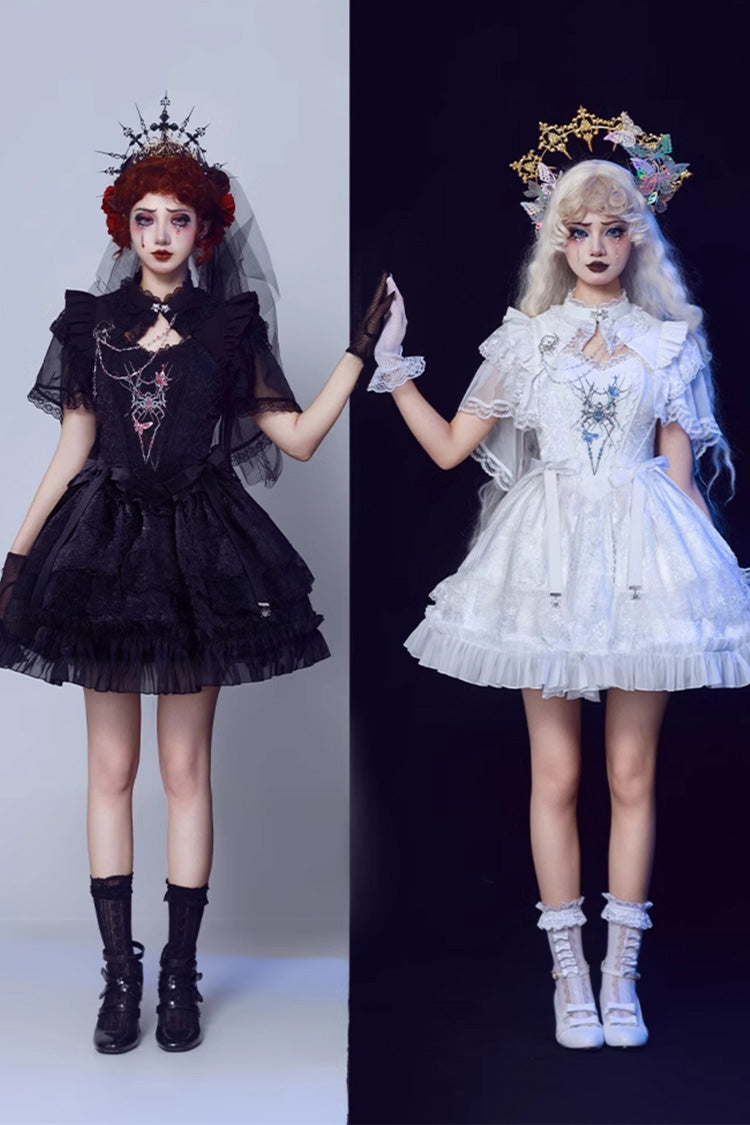 White Sleeveless Gothic Lace Skirt Set with Spider Bow