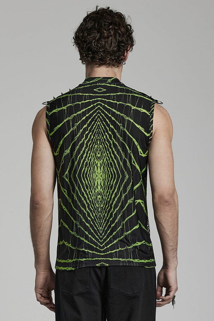 Steampunk T-Shirt with Halo Print, Sleeveless, Mesh and Rivets, 2 Colors