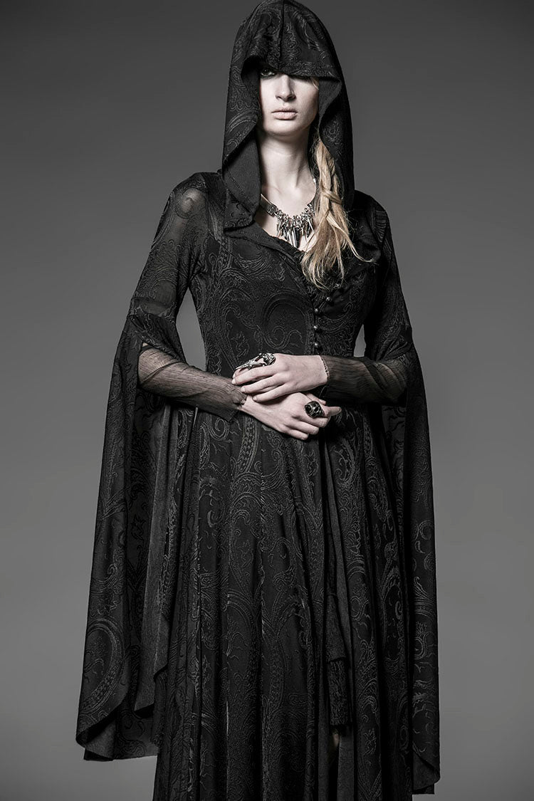 Women's Gothic Dress with Hooded Metal Buckle Long Trumpet Sleeves Embroidery
