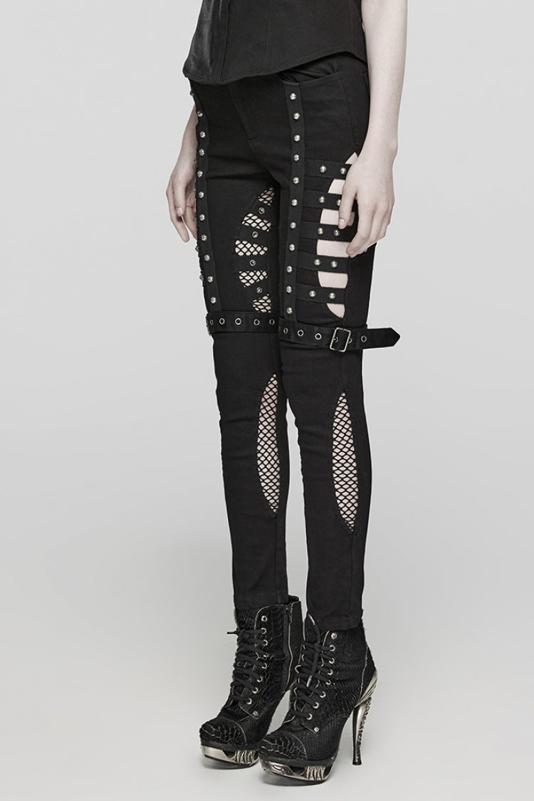 Cutout Punk Jeans with Eyelet Details and Mesh Trim