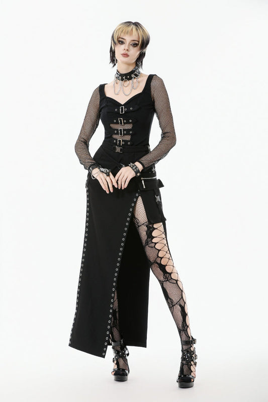 Long-Sleeve Punk Top with Buckled Straps and Mesh Panels