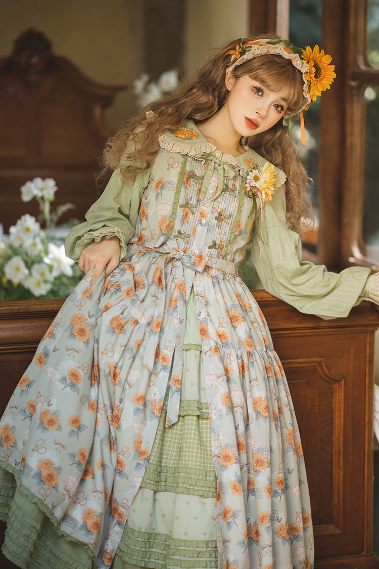 Green Sunflower Sleeveless Floral Bow Elegant Jsk Dress