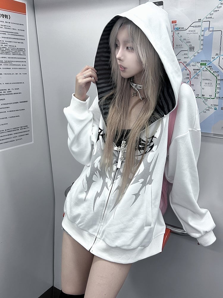 White Emo Punk Graphic Zip Hoodie – MK Kawaii Store