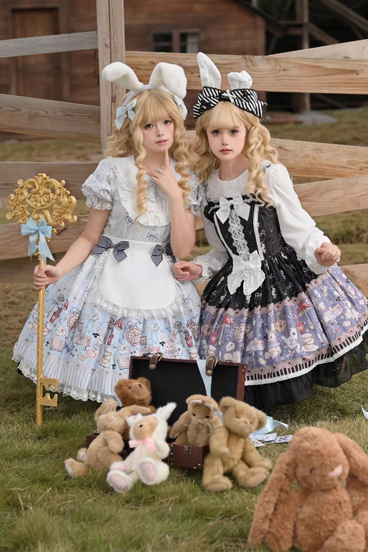 Light Blue Alice’s Fantasy Tale Doll Collar Short Sleeves Printed Bow Sweet Dress