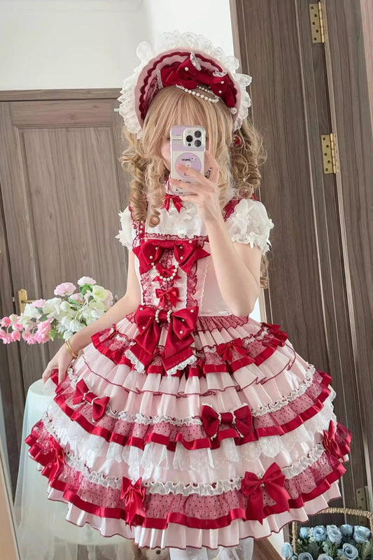 Ribbon Berries Sleeveless Multi-Layered Ruffled Bow Lace Sweet Lolita JSK Dress - Red