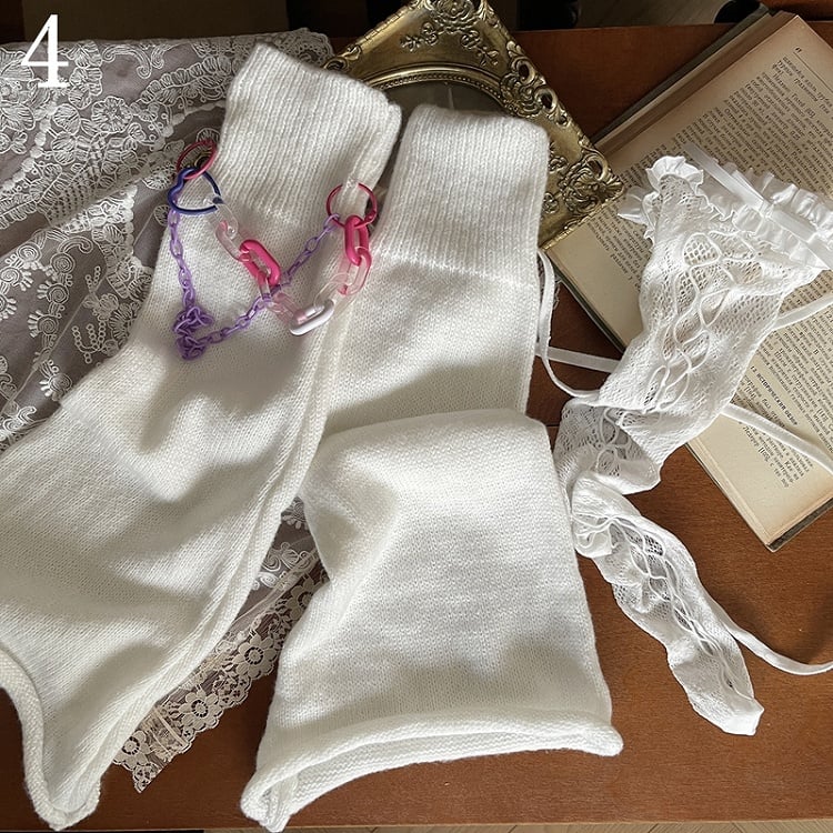 Leg /Lace Cut-out Chain Stockings/Leg Warmers White Design Overknee