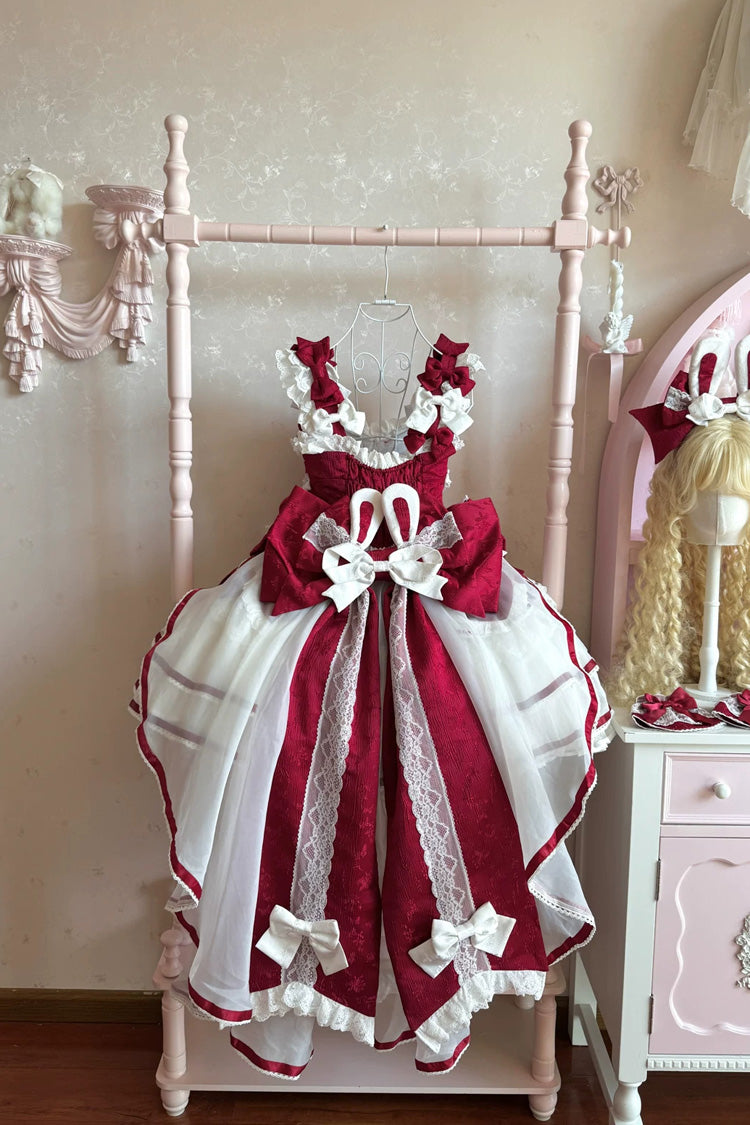 Scarlet Velvet Rabbit Sleeveless Multi-Layered Ruffled Bow Sweet Lolita Jumper Dress Set