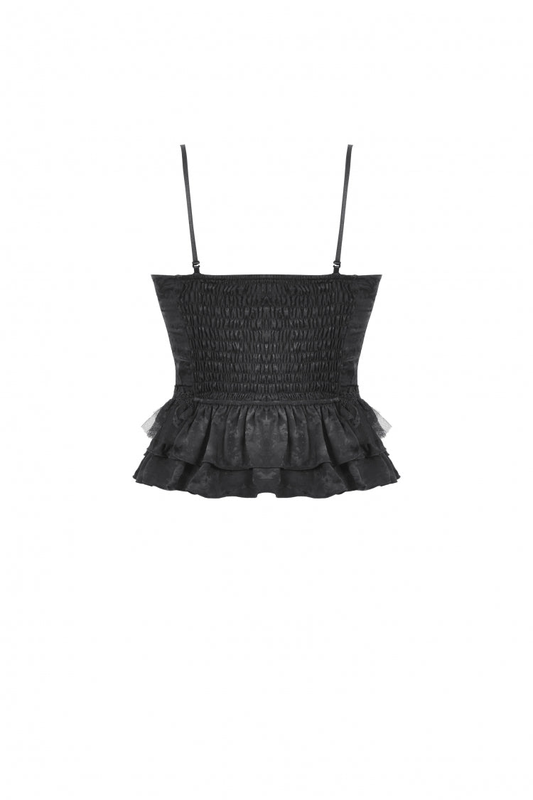Obsidian Double-Layered Lace Ruffle Top with Spaghetti Straps - Gothic Sheer