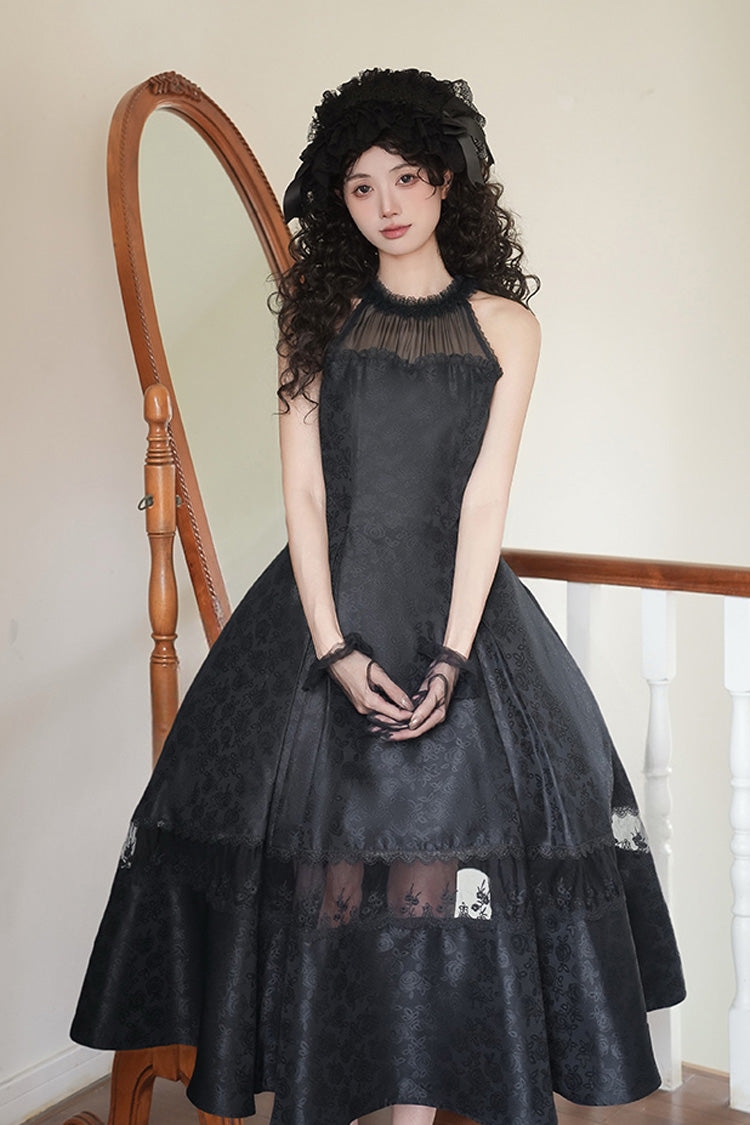 Onyx Off Shoulder Halterneck Printed Ruffle Gothic Elegant Dress - Flowers in the Mist
