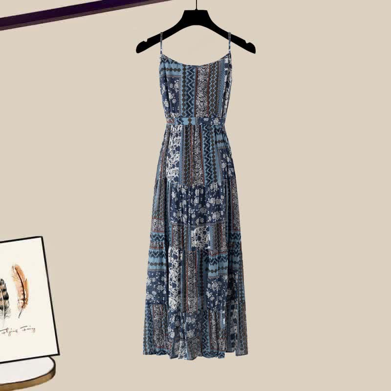 Boho Belted Crochet Hollow Out Top Vintage Floral Print Slip Dress