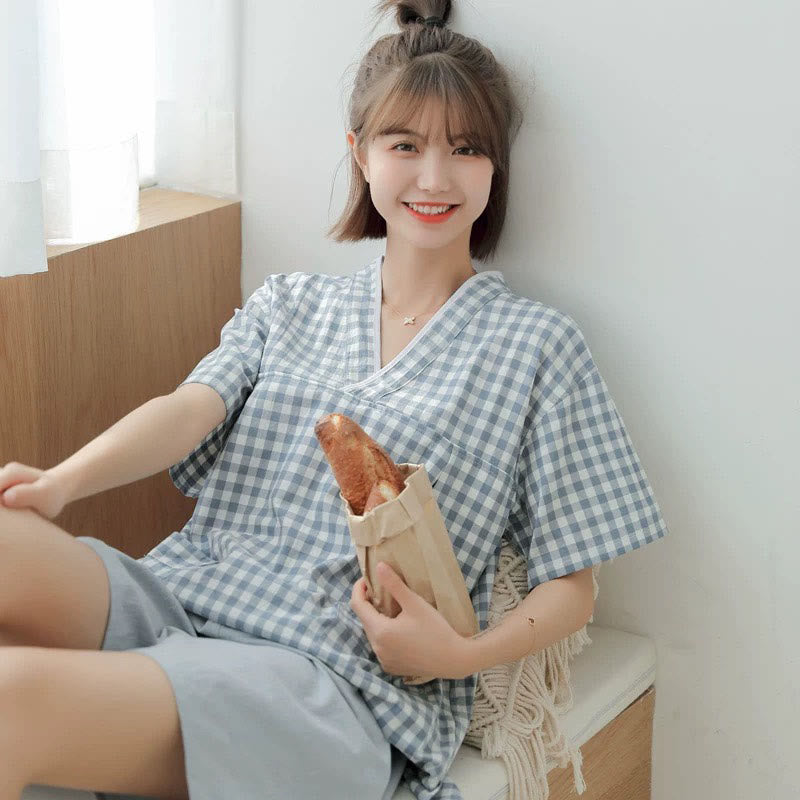 Chic Lattice Print T-Shirt Shorts Pajamas Set