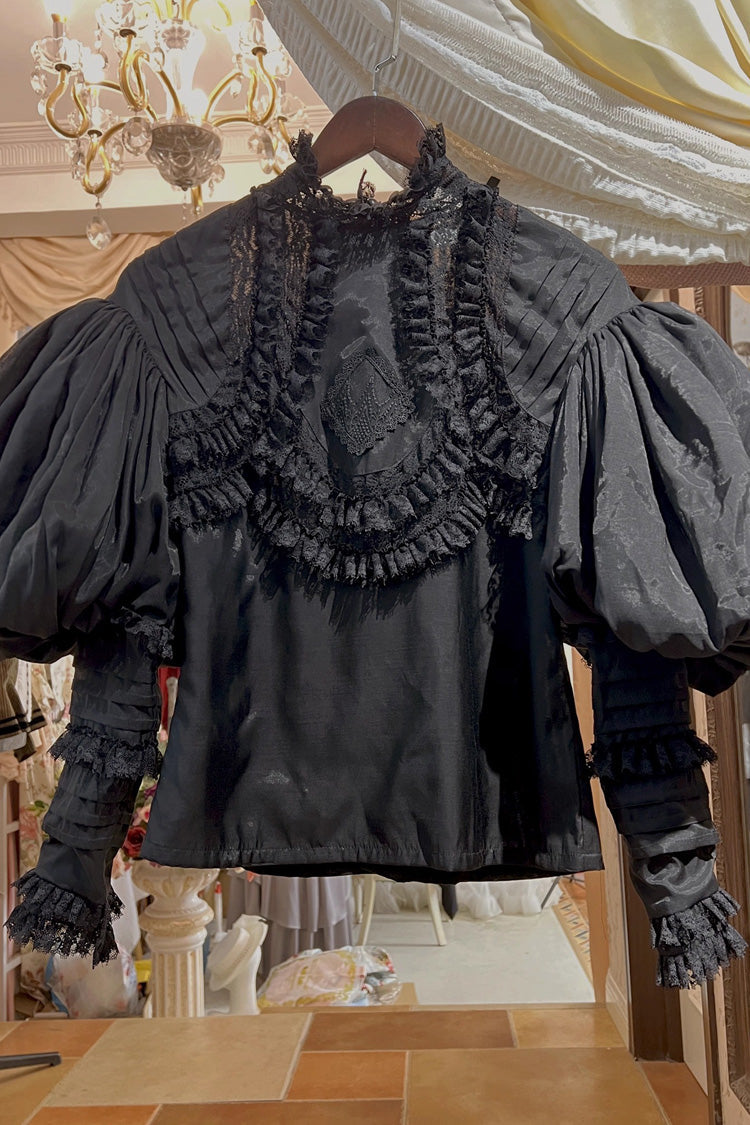 Classic Victorian Gothic Blouse with Puff Sleeves and Embroidery