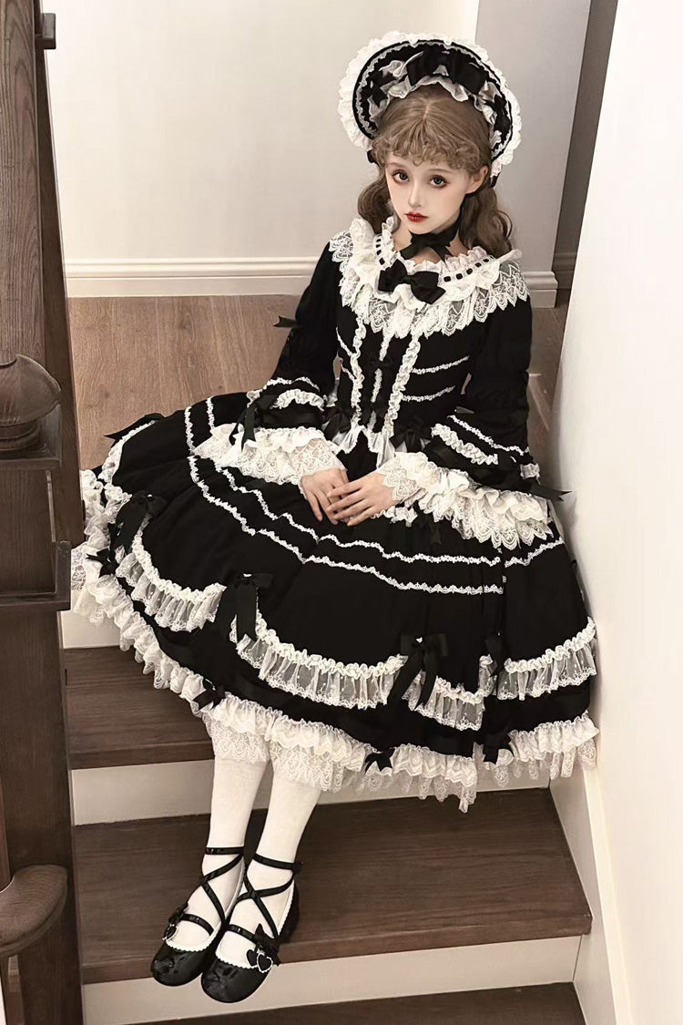 Black Round Collar Long Trumpet Sleeve Bow Lace Elegant Princess Dress