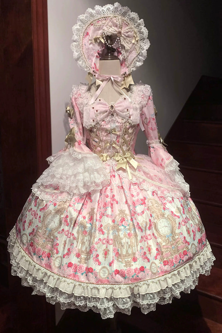 Pink [Rose Garden Prelude] Square Collar Long Trumpet Sleeves Printed Ruffled Bow Lace Lace-Up Sweet Lolita Dress