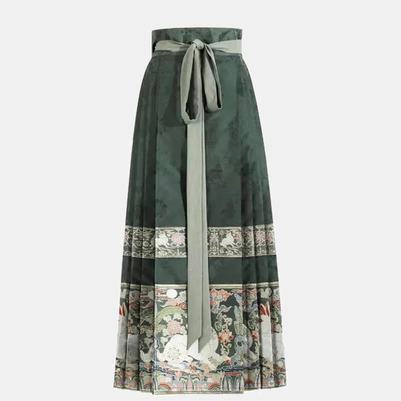 Vintage Buckle Tassel Shirt Green Pleated Skirt
