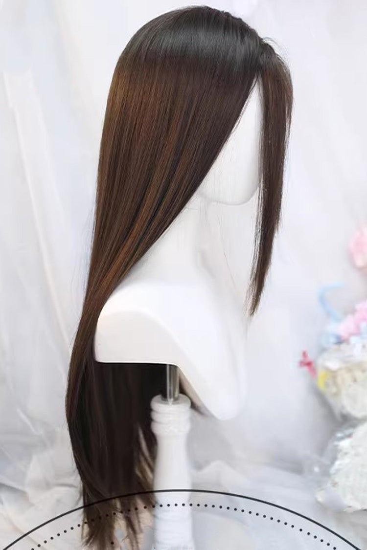 Natural Long Straight Wig with Curtain Bangs - Cool Brown Daily Style