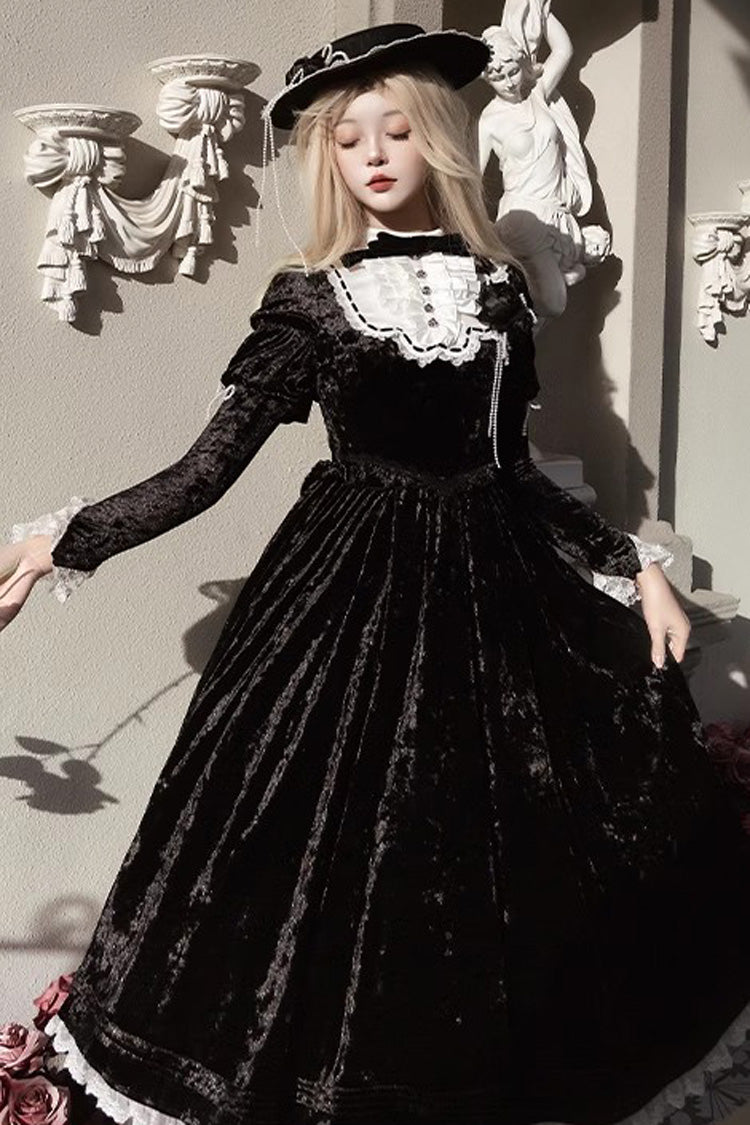 Noir Long Sleeve Ruffle Bow Lace Gothic Dress - Whispering Castle