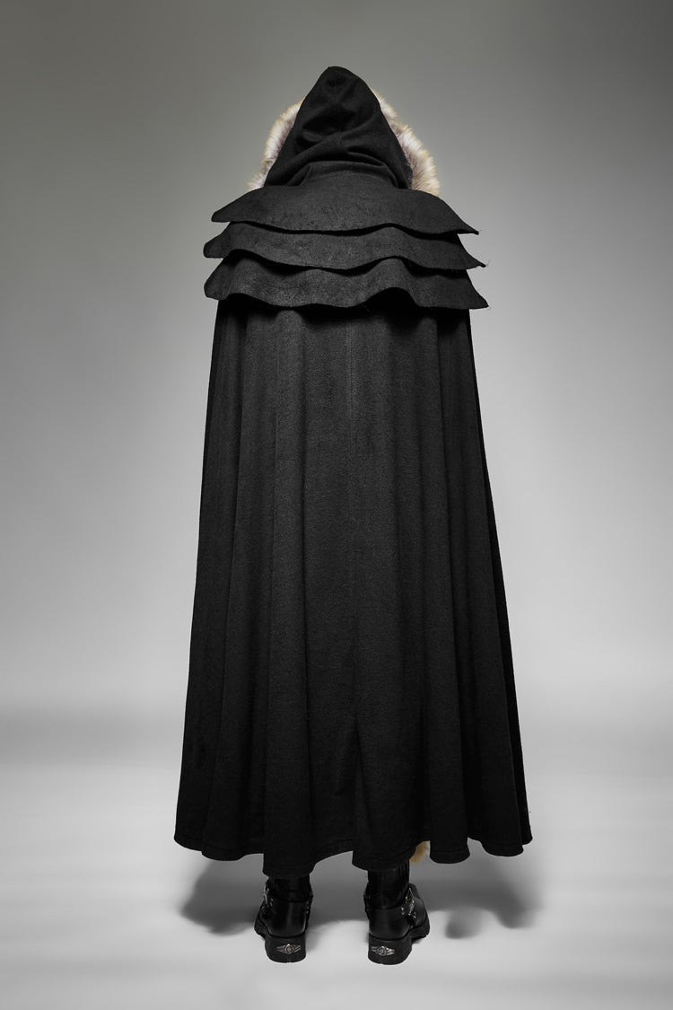 Men's Gothic Coat Cloak with Hooded Fur Collar Wool Long Design